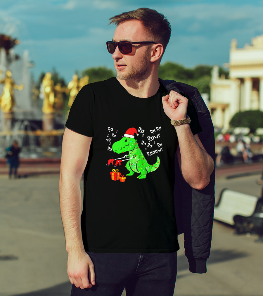 Santa Hat Dinosaur With Christmas Lights And Presents Singing Fa Ra Ra Ra Rawr Raaawr Tree Rex T-Shirt