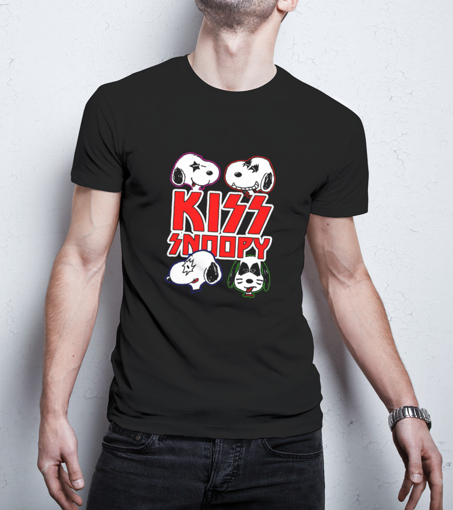 Kiss Snoopy Cartoon Characters Heavy Metal Style Iconic Band Faces T-Shirt