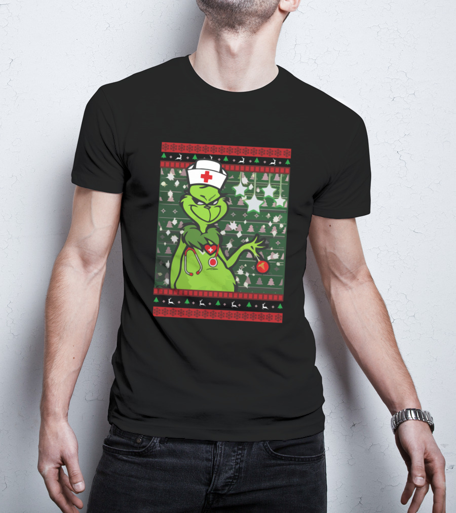 Nurse Ugly Sweater Merry Christmas Grinch With Nurse Hat And Stethoscope T-Shirt