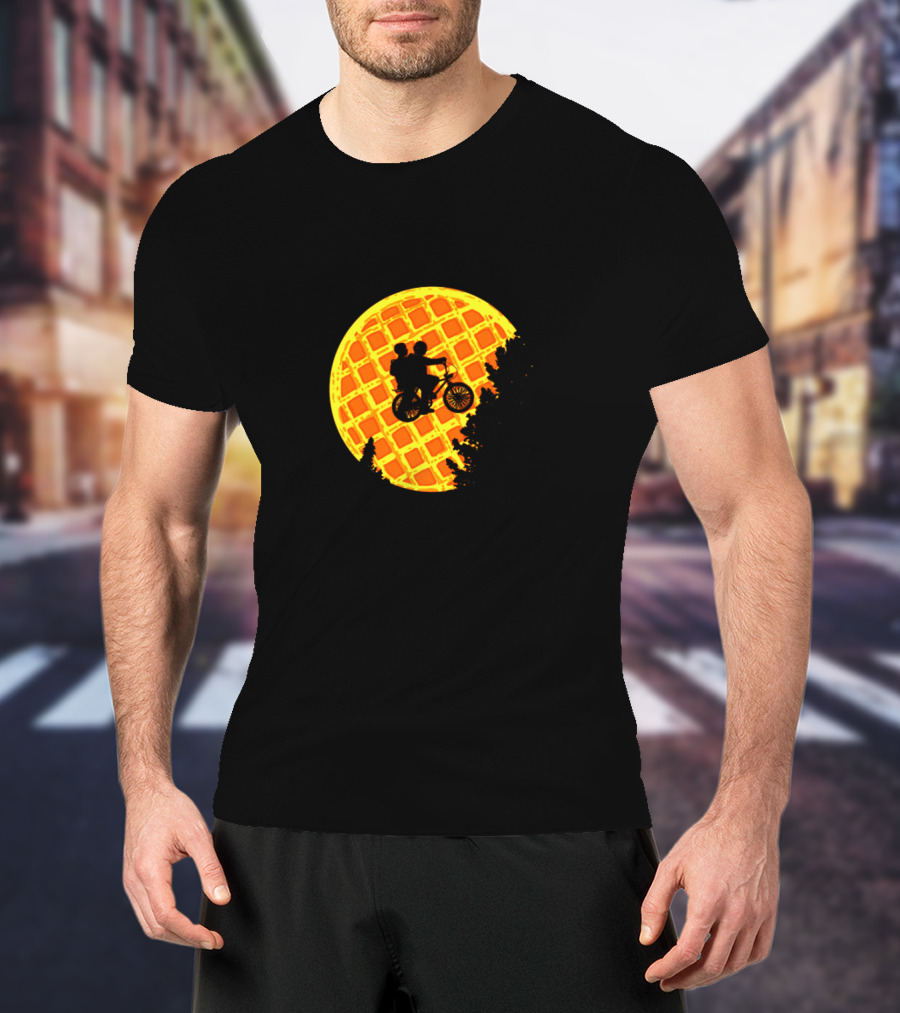Stranger Things Bicycle Silhouette Against Waffle Moon T-Shirt