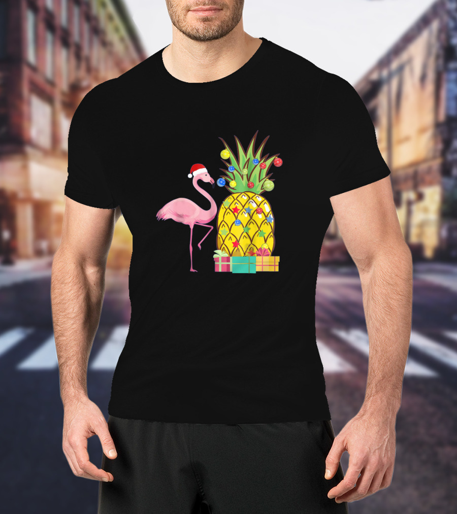 Santa Flamingo Christmas Pineapple With Colorful Ornaments And Holiday Gifts T-Shirt
