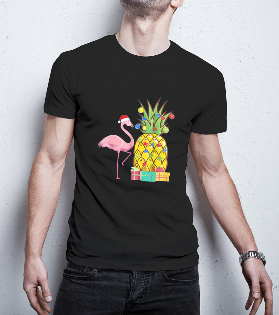 Santa Flamingo Christmas Pineapple With Colorful Ornaments And Holiday Gifts T-Shirt