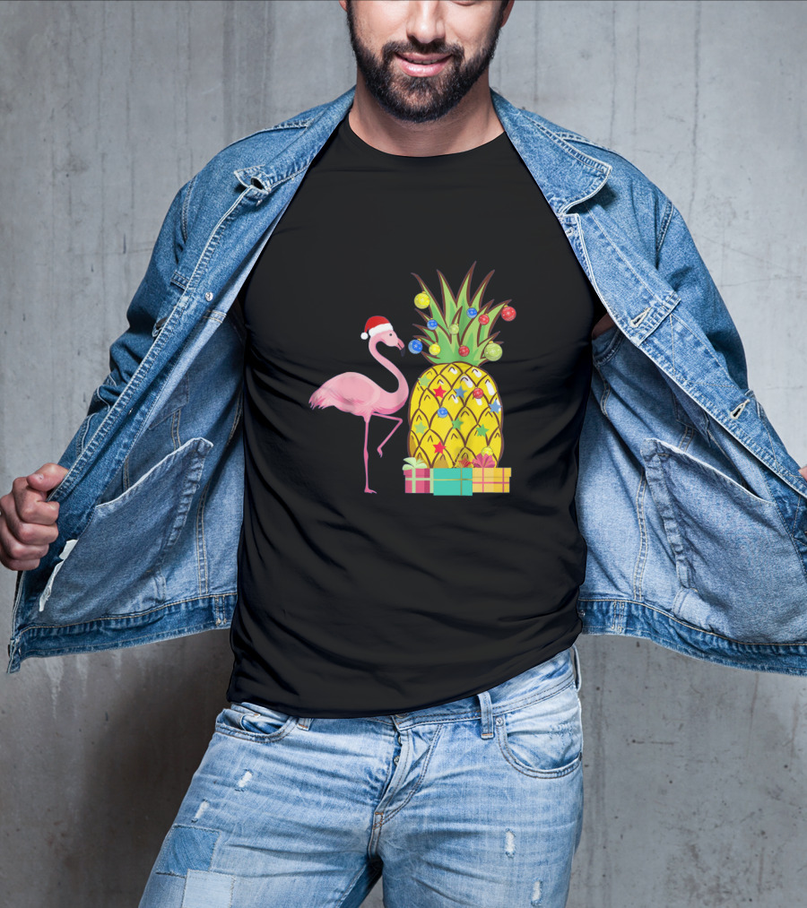 Santa Flamingo Christmas Pineapple With Colorful Ornaments And Holiday Gifts T-Shirt