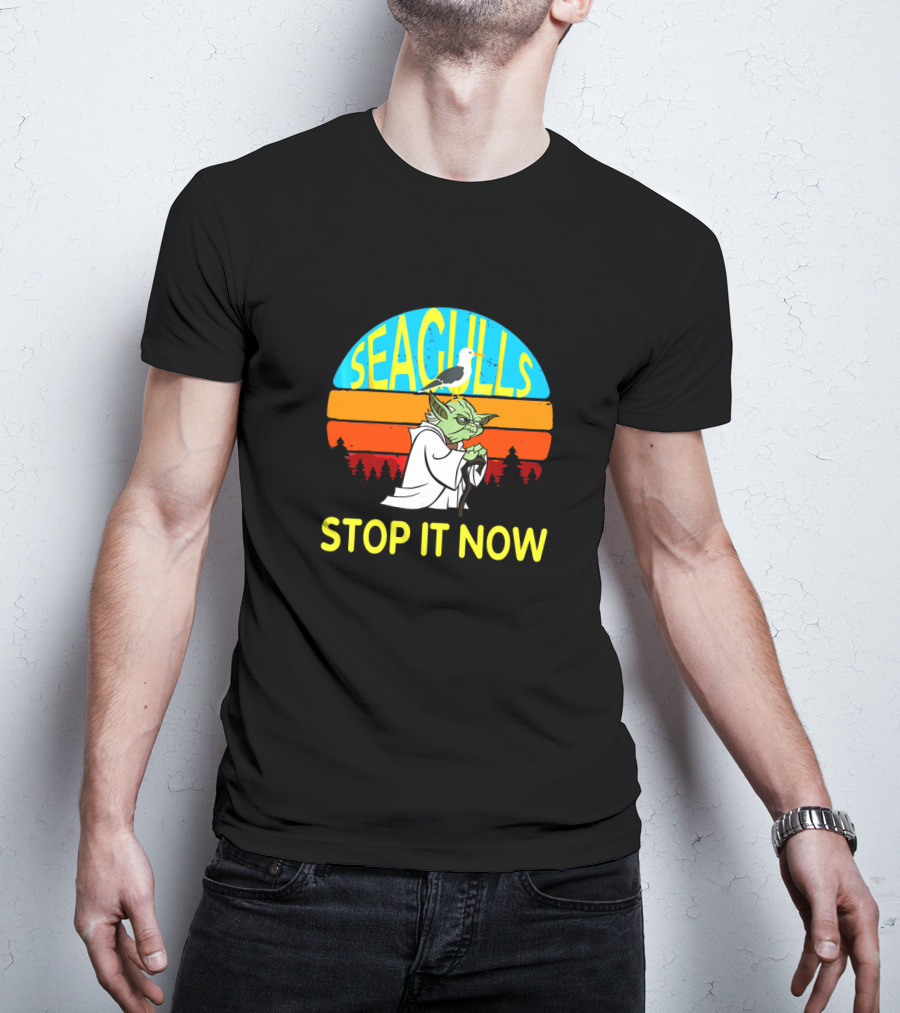 Seagulls Stop It Now Funny Retro Yoda Influence Vintage Sunset T-Shirt