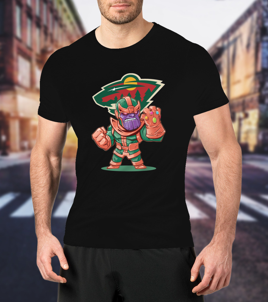 Thanos Cartoon With Infinity Gauntlet And Minnesota Wild Logo Background T-Shirt