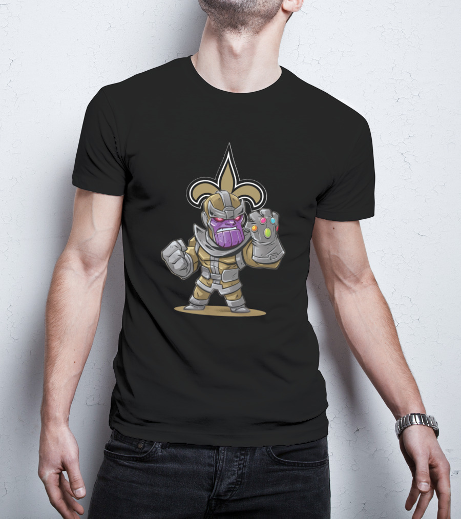 Thanos Holding Infinity Gauntlet With New Orleans Saints Fleur-De-Lis T-Shirt
