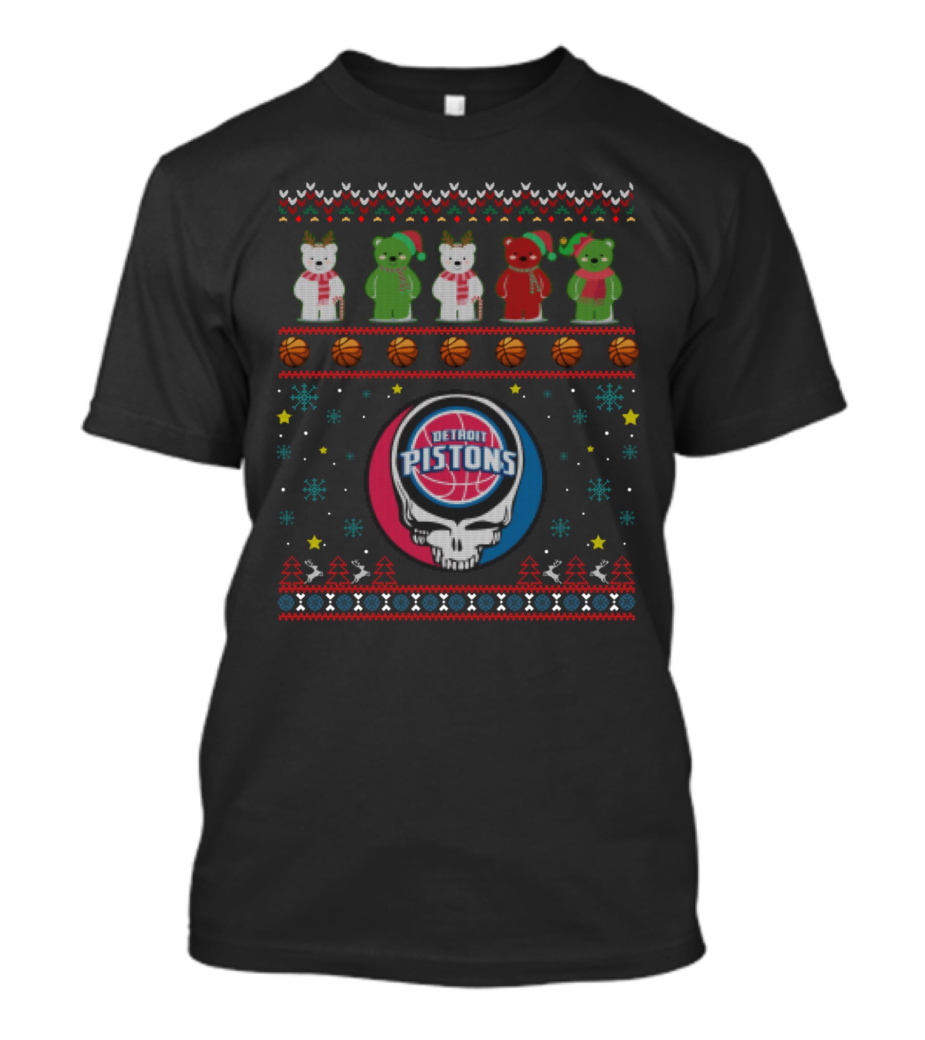 Detroit Pistons Grateful Dead Bears Xmas Sweater Logos T-Shirt