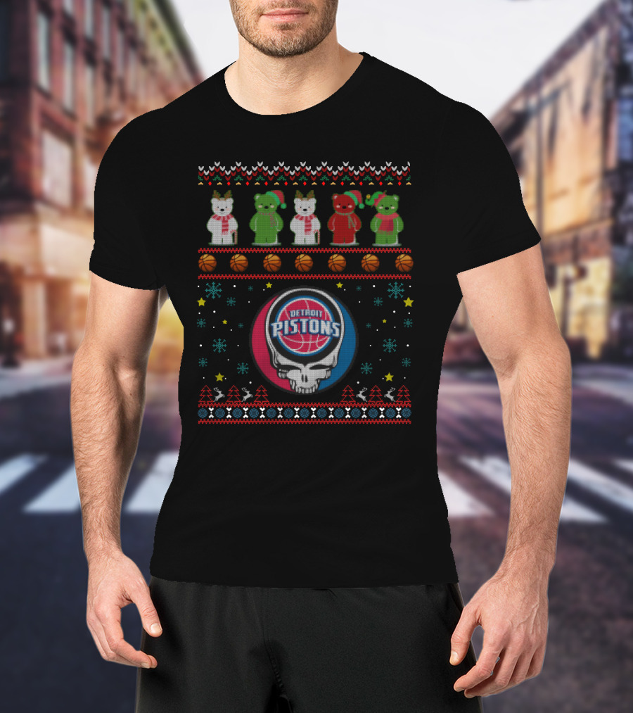 Detroit Pistons Grateful Dead Bears Xmas Sweater Logos T-Shirt