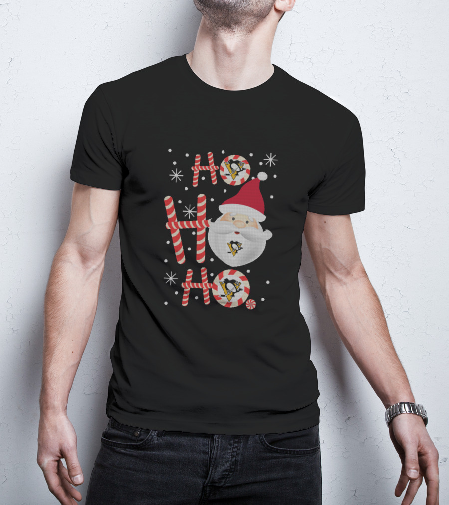 Santa Ho Ho Ho Theme With Pittsburgh Penguins Logo Xmas Fans T-Shirt