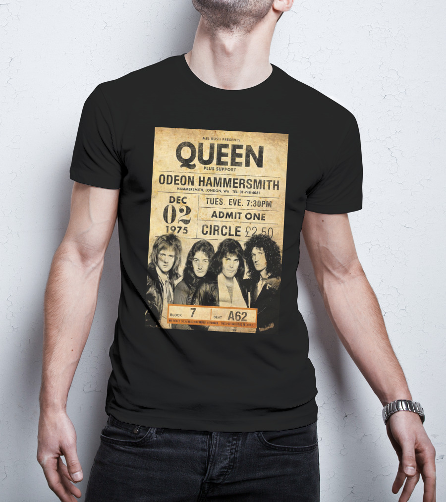 Queen Concert Odeon Hammersmith Dec 02 1975 Admit One Circle 7:30PM Block 7 Seat A62 T-Shirt