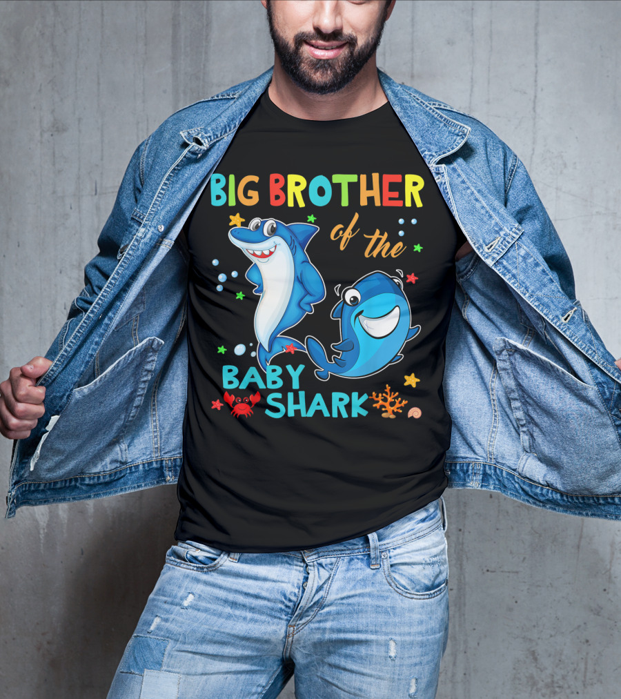 Big Brother Of The Baby Shark With Cartoon Sharks And Sea Creatures T-Shirt