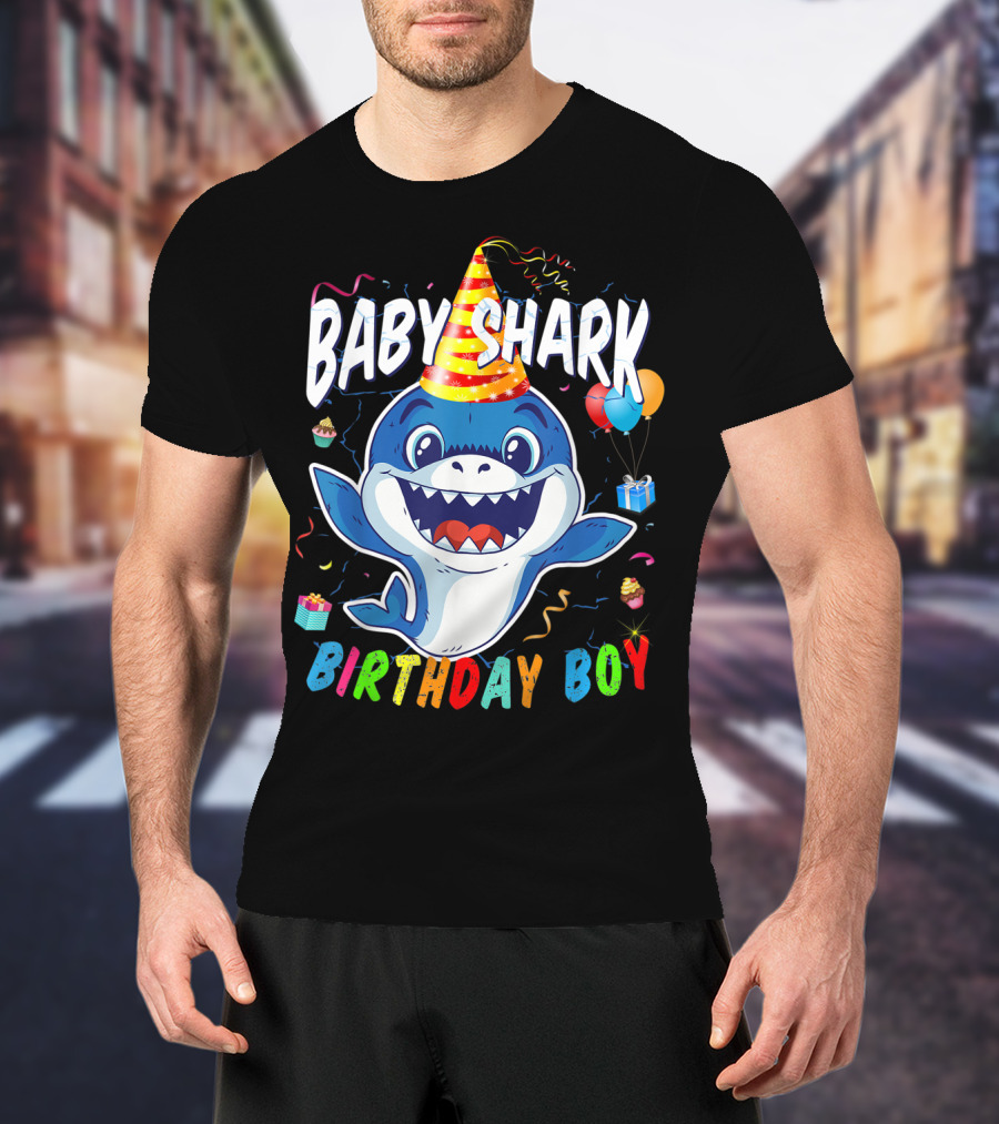 Baby Shark Birthday Boy Celebration With Party Hat And Balloons T-Shirt