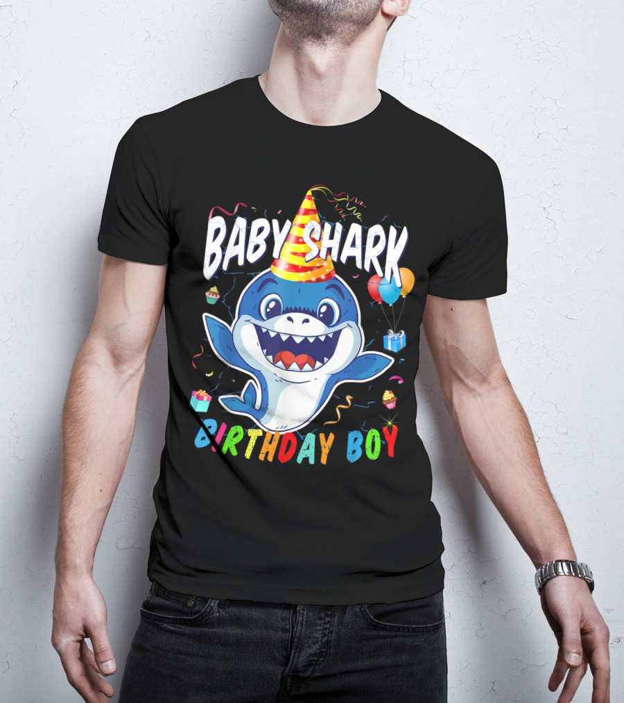 Baby Shark Birthday Boy Celebration With Party Hat And Balloons T-Shirt