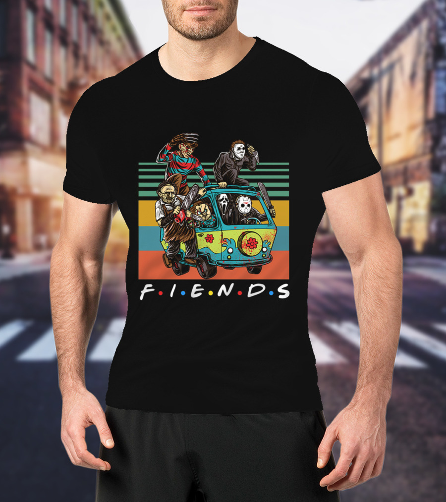 Fiends TV Show Horror Movie Characters Parody With Freddy Jason Scream Driving Scooby-Doo Van T-Shirt