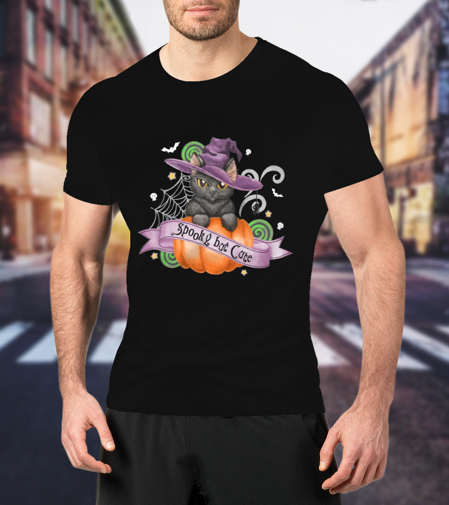 Spooky But Cute Cat Halloween Witch Hat Pumpkin Spiderweb Bats Skulls T-Shirt