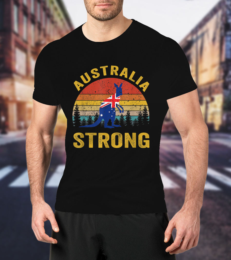 Australia Strong Kangaroo Flag Sunset Forest Scene T-Shirt