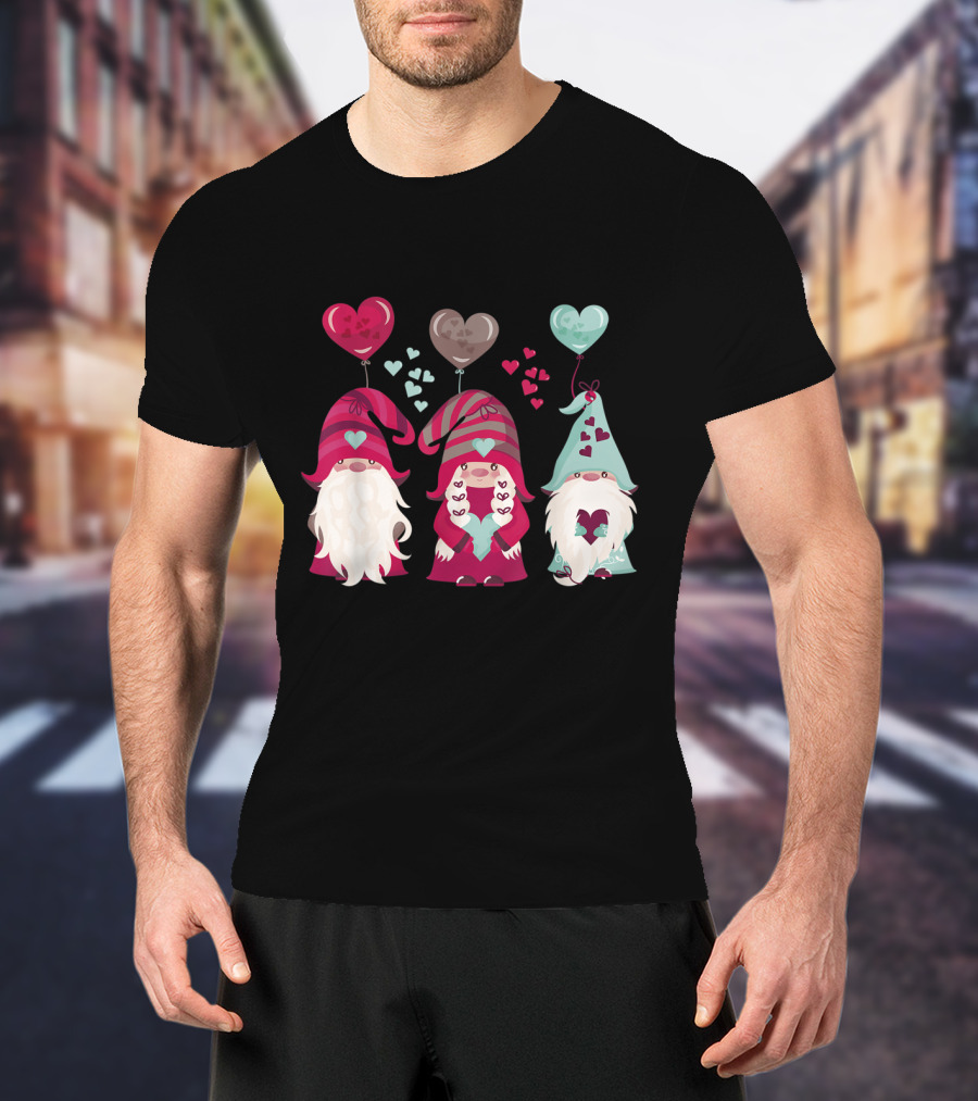 Three Gnomes With Heart Balloons Valentines T-Shirt