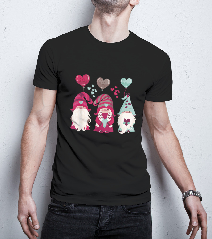 Three Gnomes With Heart Balloons Valentines T-Shirt