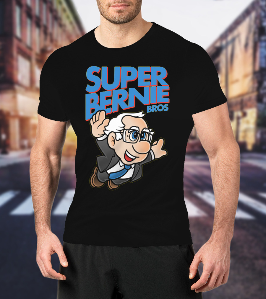 Super Bernie Bros Flying Cartoon Character In Blue Suit And Glasses Iconic T-Shirt