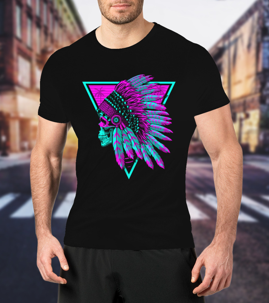 Retro Neon Skull With Headdress In Triangle Frame T-Shirt