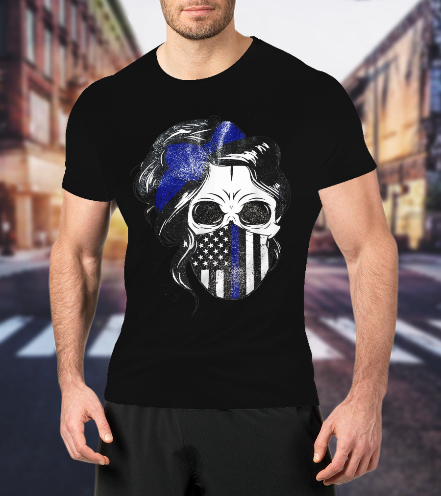 Skull Flag Blue Line Mask With Hair Bow And American T-Shirt