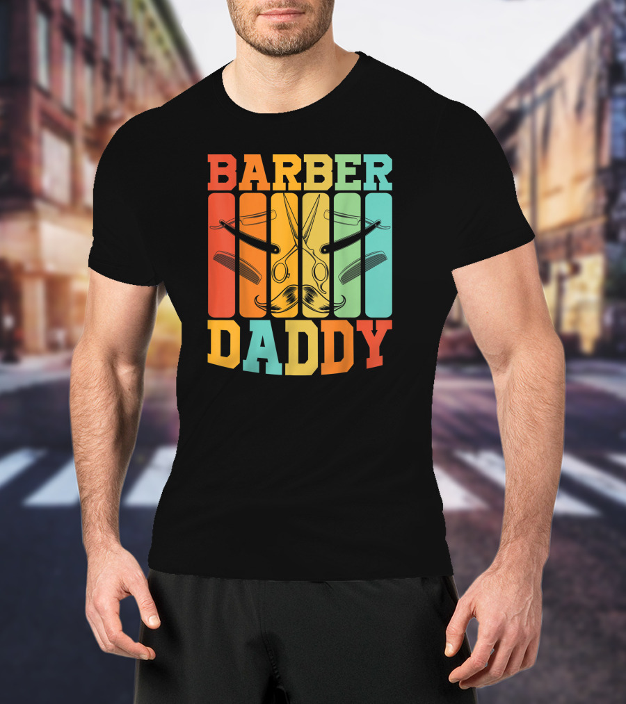 Barber Daddy Scissors And Comb Mustache Style Retro Blocks T-Shirt