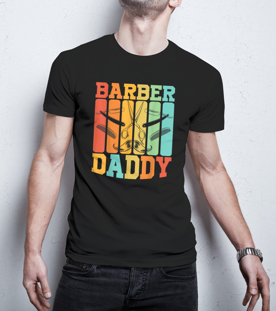 Barber Daddy Scissors And Comb Mustache Style Retro Blocks T-Shirt