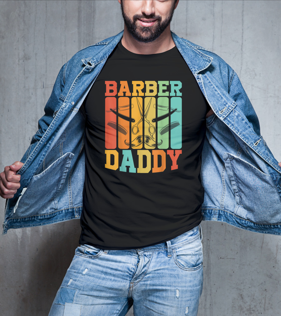 Barber Daddy Scissors And Comb Mustache Style Retro Blocks T-Shirt
