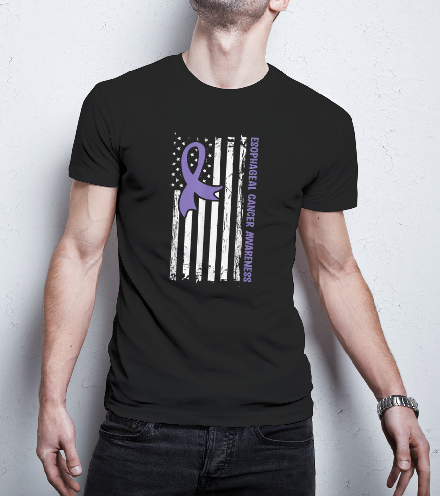Esophageal Cancer Awareness American Flag Purple Ribbon T-Shirt