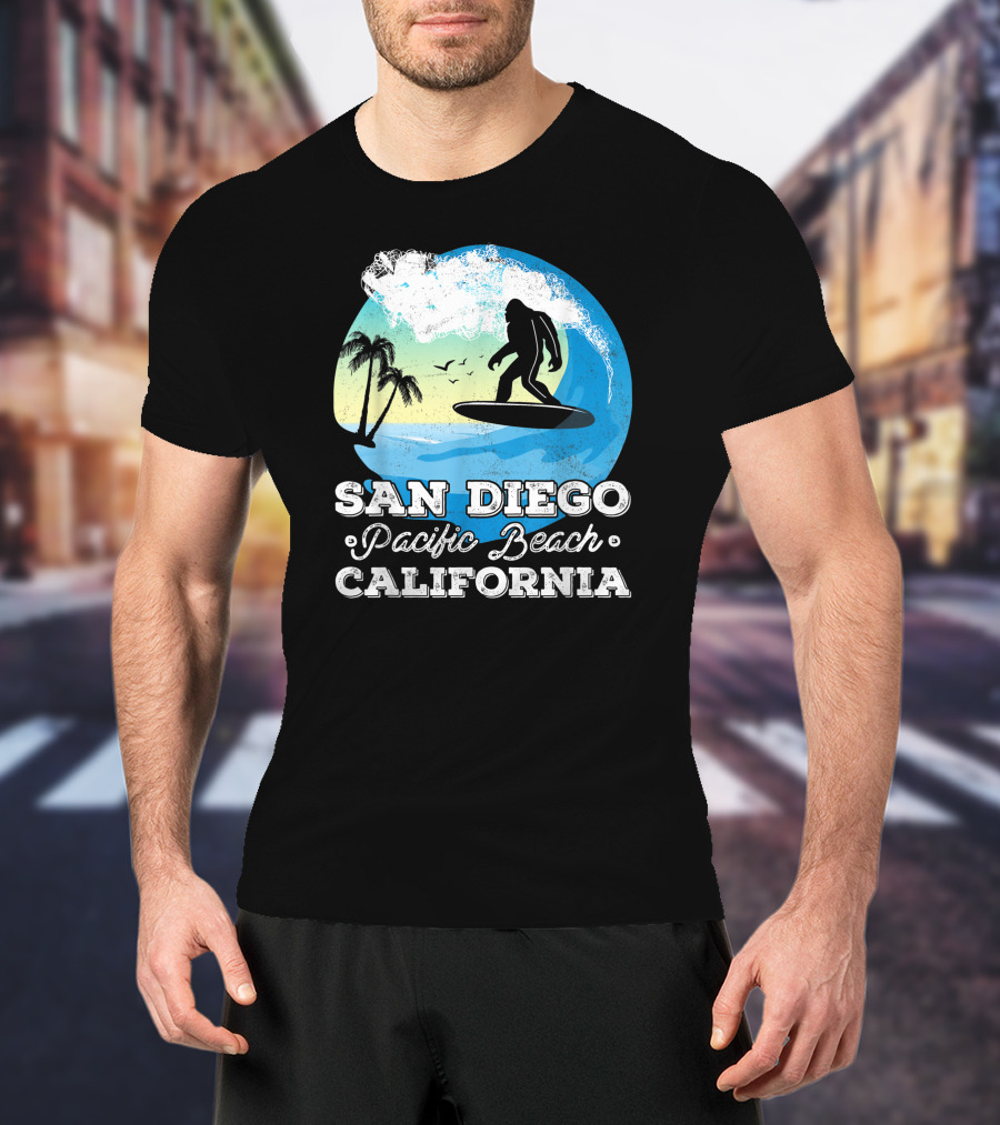 San Diego Pacific Beach California Bigfoot Surfer Adventure Scene T-Shirt