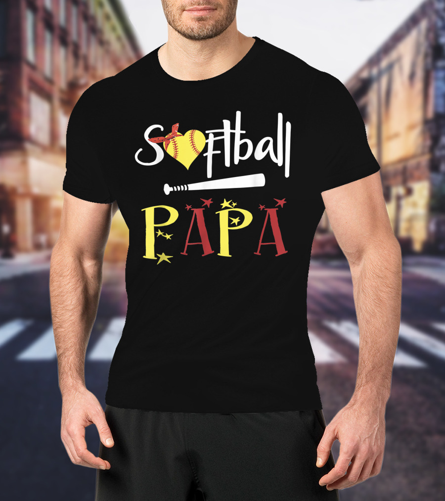Softball Papa Heart Bat Stars T-Shirt