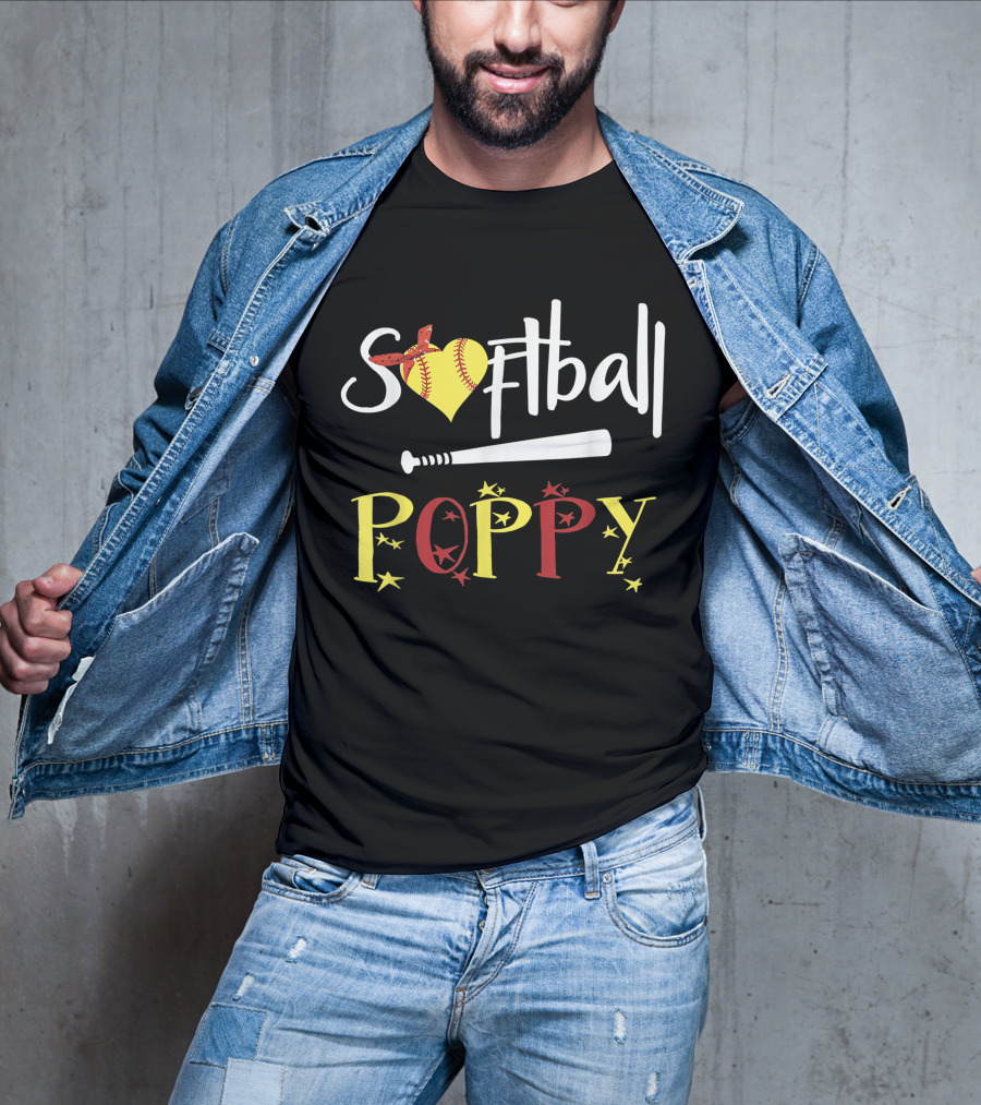 Softball Heart Bat Poppy Stars T-Shirt