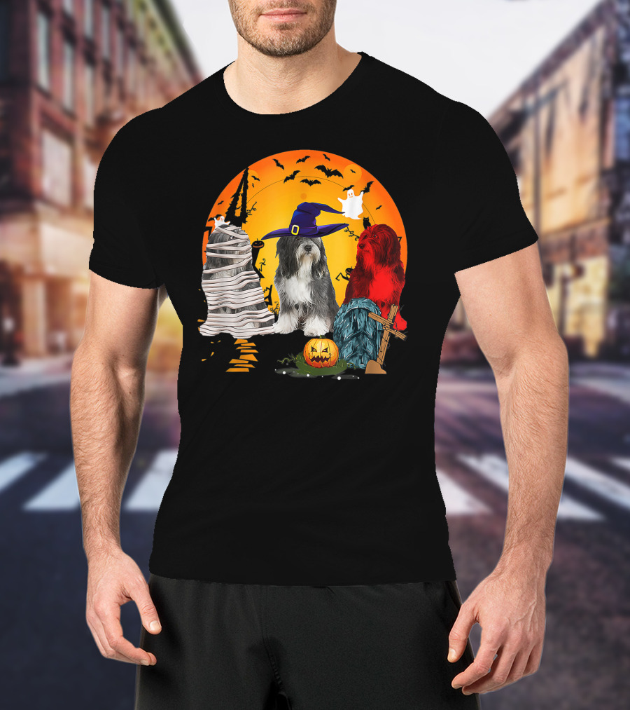 Tibetan Terrier Dog Family Of Three Halloween Spooky Scene With Witch Hat And Pumpkin T-Shirt