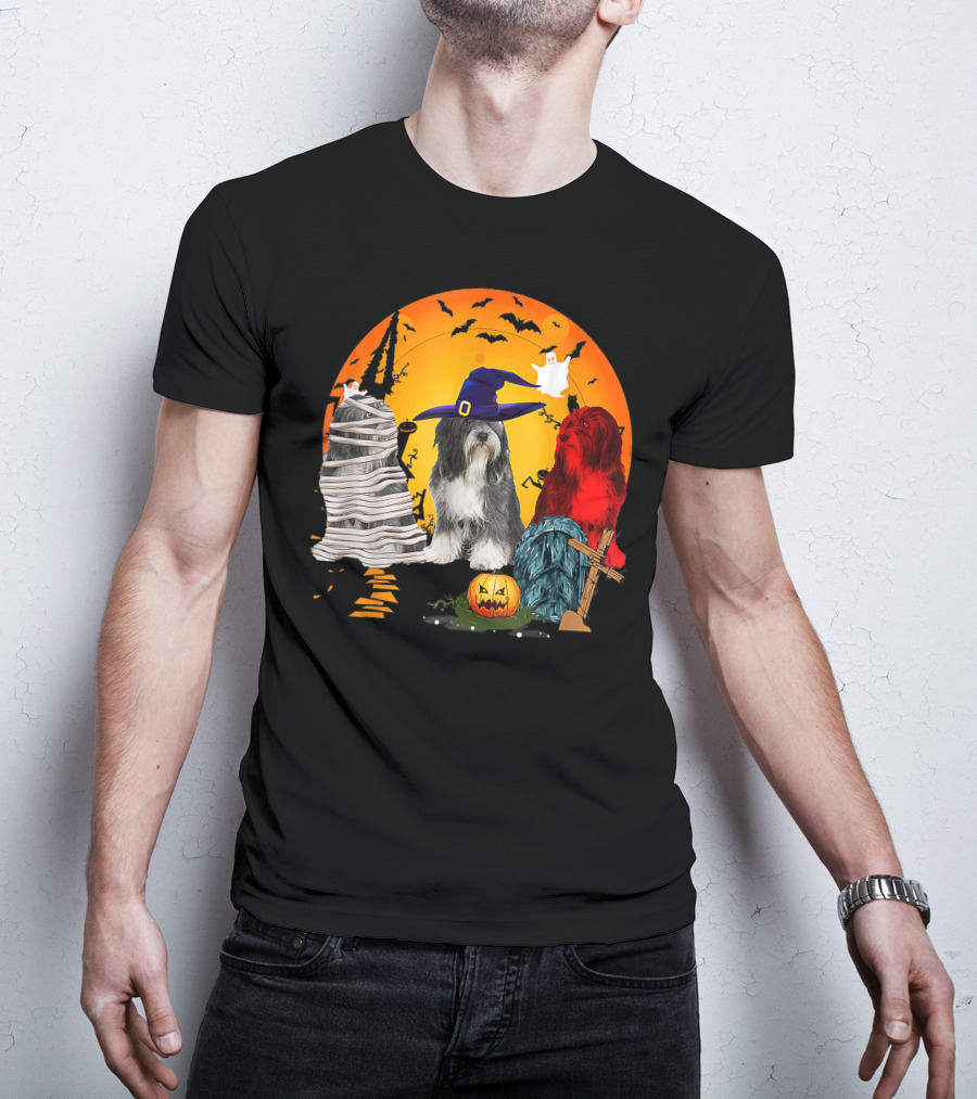 Tibetan Terrier Dog Family Of Three Halloween Spooky Scene With Witch Hat And Pumpkin T-Shirt