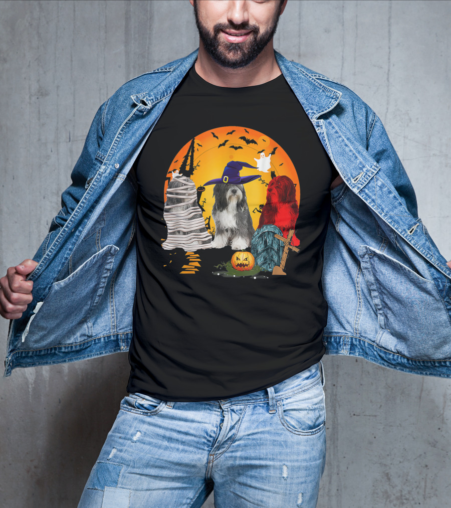 Tibetan Terrier Dog Family Of Three Halloween Spooky Scene With Witch Hat And Pumpkin T-Shirt