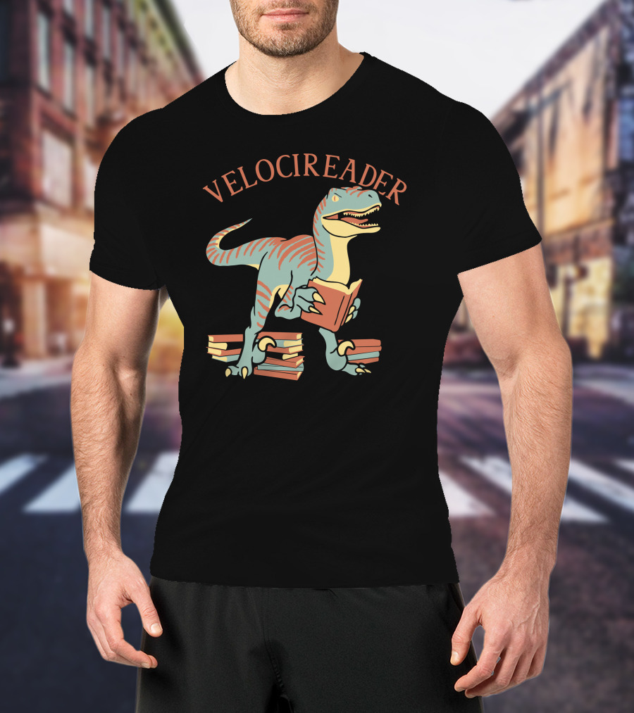VELOCIREADER Dinosaur Reading Book With Stacked Books T-Shirt