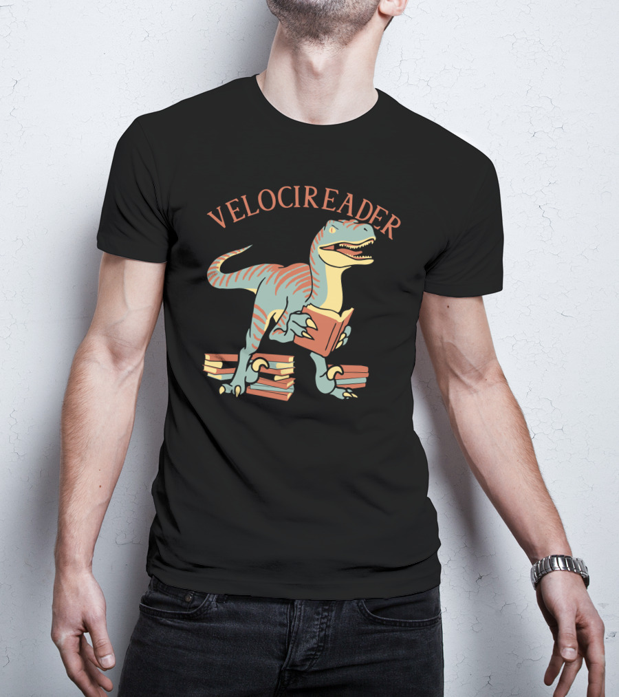 VELOCIREADER Dinosaur Reading Book With Stacked Books T-Shirt