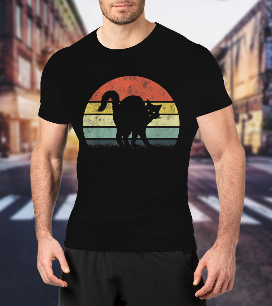 Vintage Retro Scary Black Cat Silhouette Sunset T-Shirt