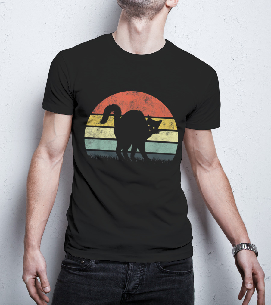 Vintage Retro Scary Black Cat Silhouette Sunset T-Shirt