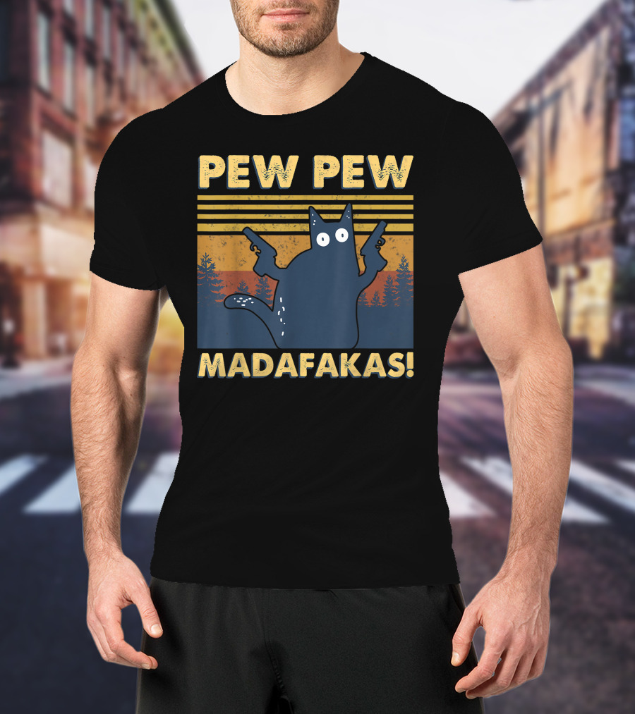 Pew Pew Madafakas Cat Retro Gun-Wielding Forest T-Shirt
