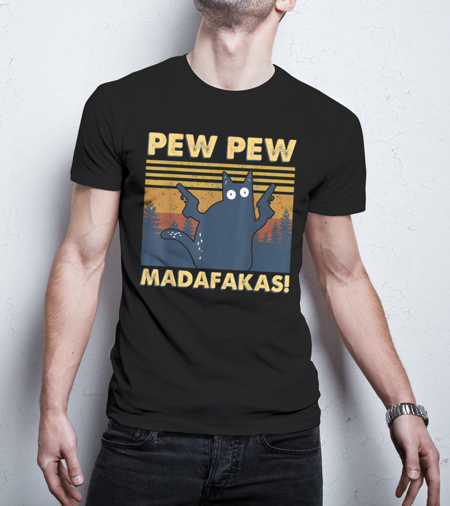 Pew Pew Madafakas Cat Retro Gun-Wielding Forest T-Shirt