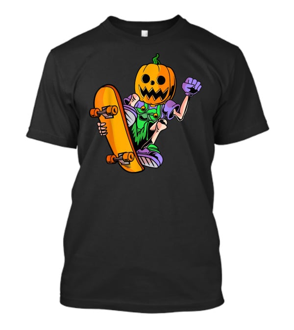 Pumpkin Head Trick Skateboarding With Halloween T-Shirt