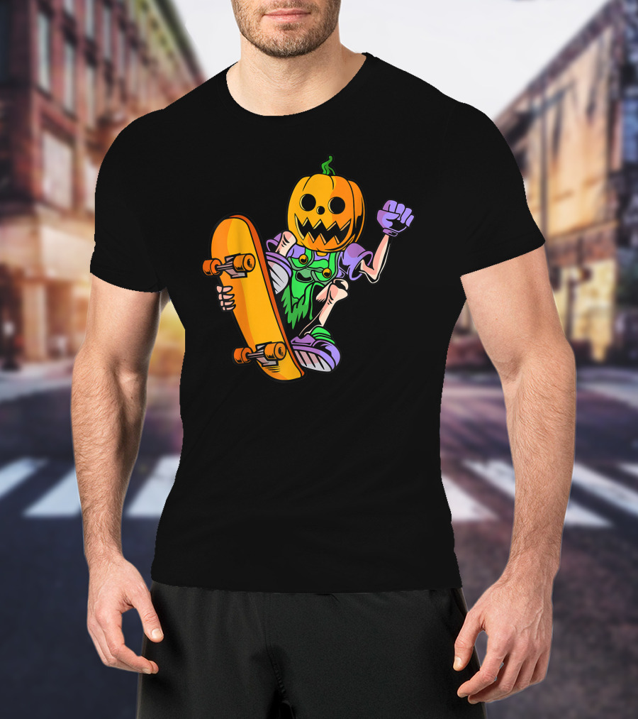 Pumpkin Head Trick Skateboarding With Halloween T-Shirt