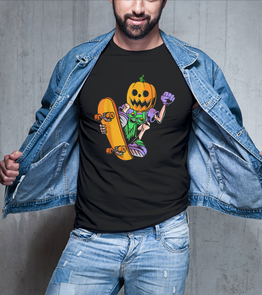 Pumpkin Head Trick Skateboarding With Halloween T-Shirt