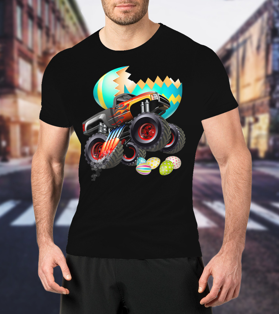 Monster Truck Cracking Colorful Easter Eggs Explosion T-Shirt