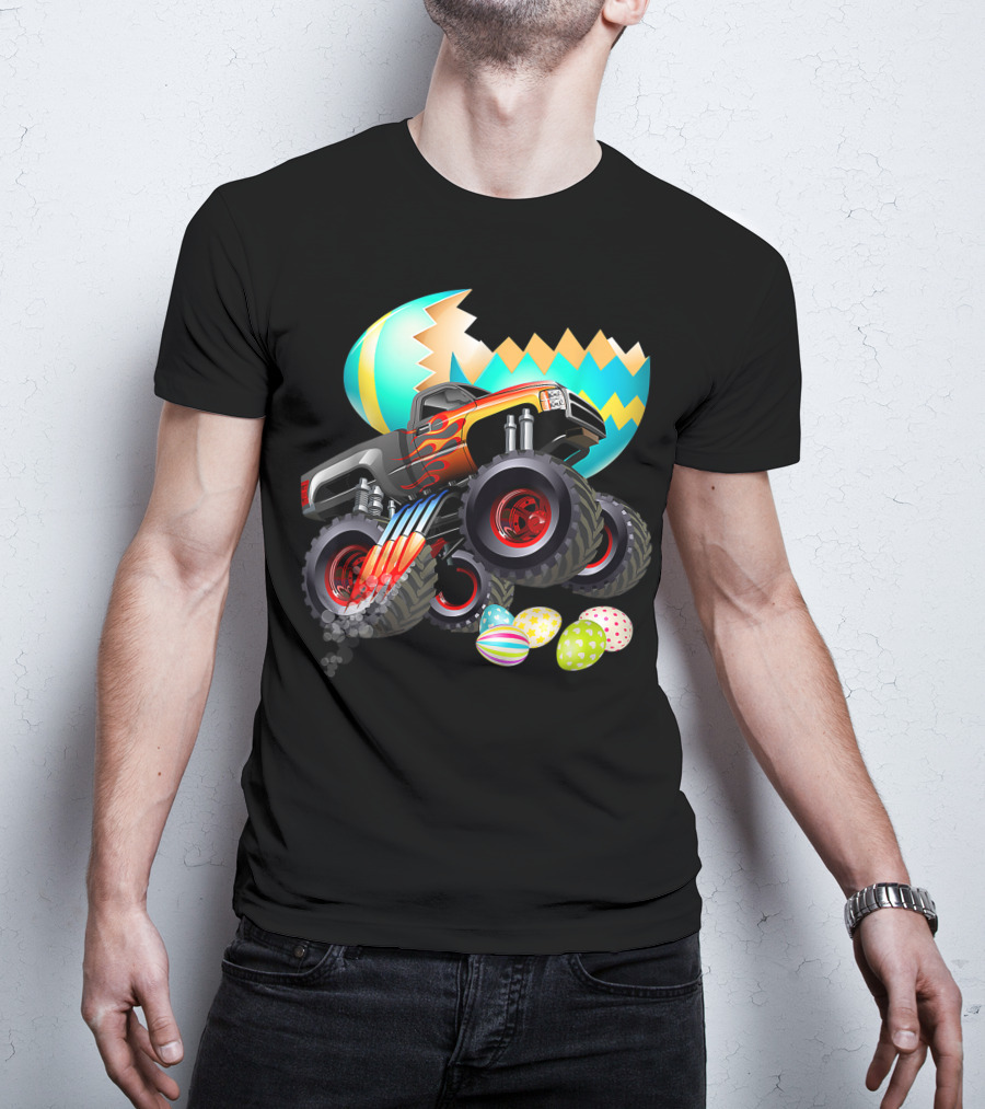 Monster Truck Cracking Colorful Easter Eggs Explosion T-Shirt
