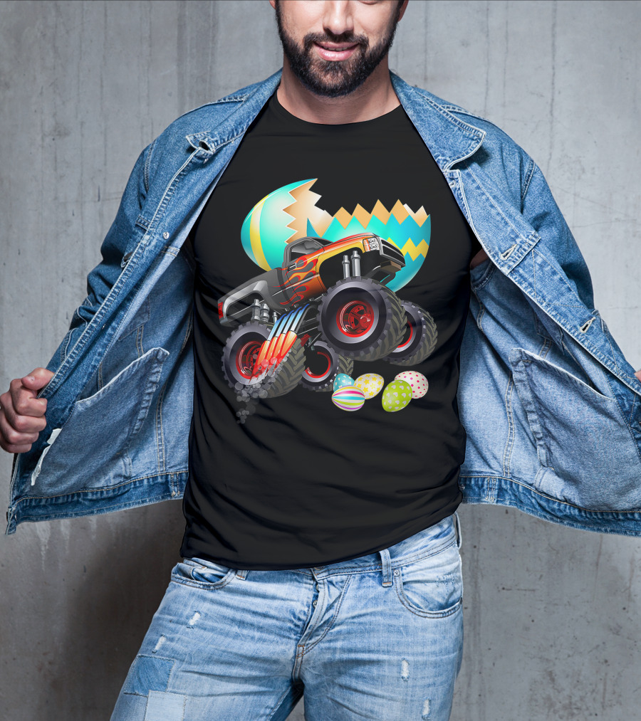 Monster Truck Cracking Colorful Easter Eggs Explosion T-Shirt