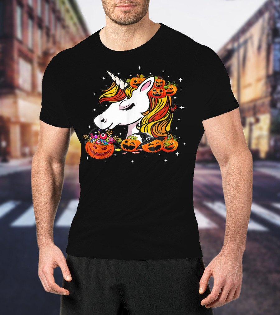 Candy Corn Unicorn Surrounded By Jack-O-Lanterns And Candy-Eyed Treats Halloween T-Shirt