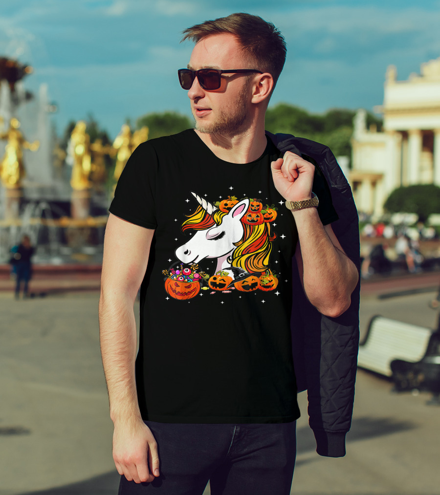 Candy Corn Unicorn Surrounded By Jack-O-Lanterns And Candy-Eyed Treats Halloween T-Shirt