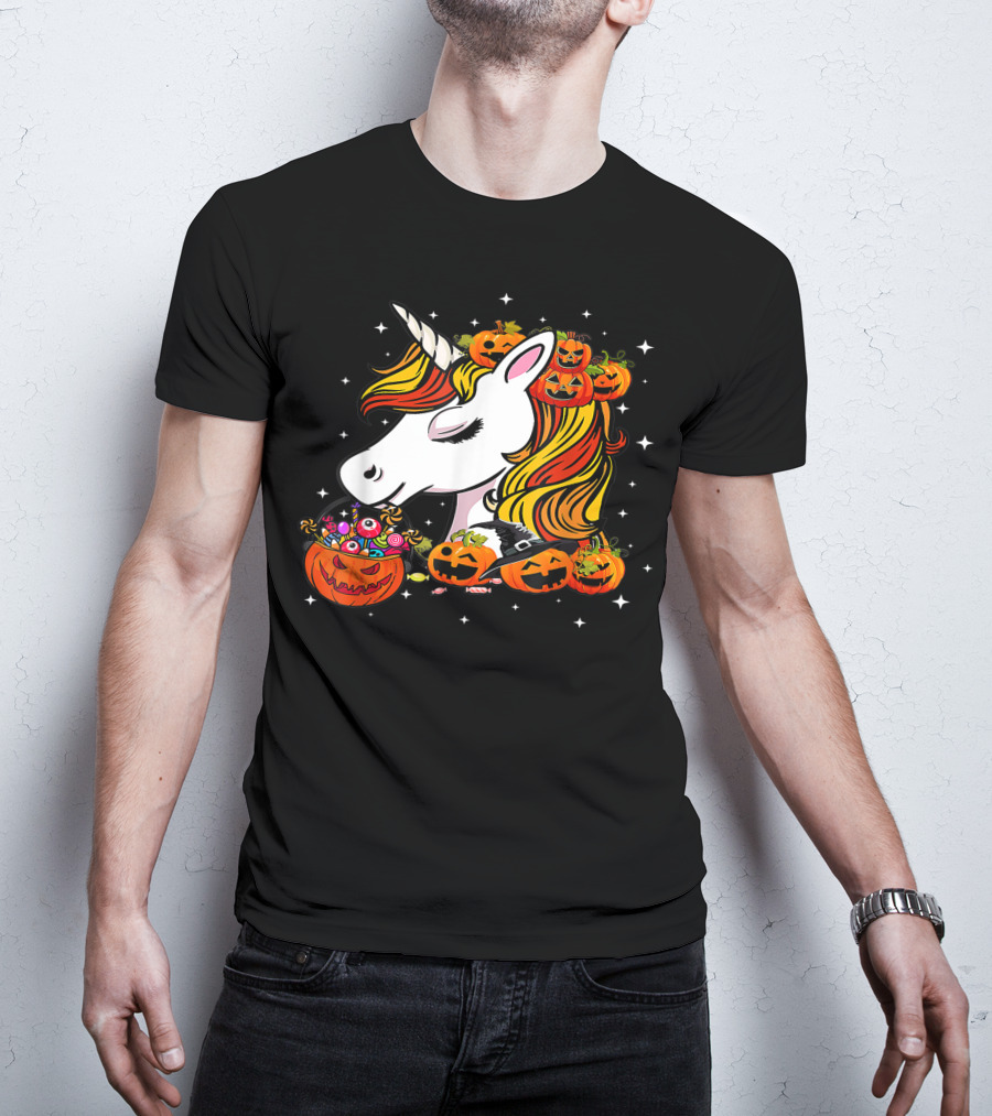 Candy Corn Unicorn Surrounded By Jack-O-Lanterns And Candy-Eyed Treats Halloween T-Shirt